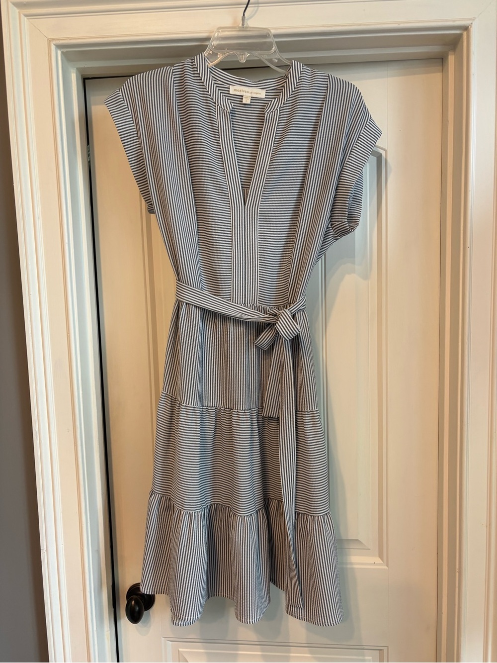 Seersucker belted cap sleeve dress
